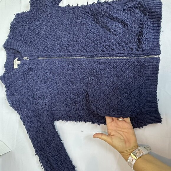 Lucky Brand M Med Chunky Knit Cardigan Zip Navy Blue Wool Blend Sweater Alpaca - Picture 10 of 13